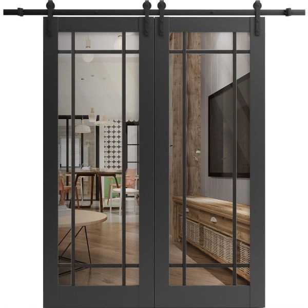 Sturdy Double Barn Door | Lucia 2266 Matte Black with Clear Glass and Aluminum Strips | 13FT Rail Hangers Heavy Set | Solid Panel Interior Doors