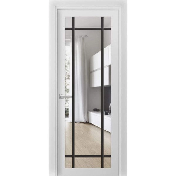 Solid French Door | Lucia 2266 White Silk with Clear Glass and Aluminum Strips | Single Regular Panel Frame Trims Handle | Bathroom Bedroom Sturdy Doors