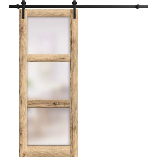 Sturdy Barn Door | Lucia 2552 Oak with Frosted Glass | 6.6FT Rail Hangers Heavy Hardware Set | Solid Panel Interior Doors