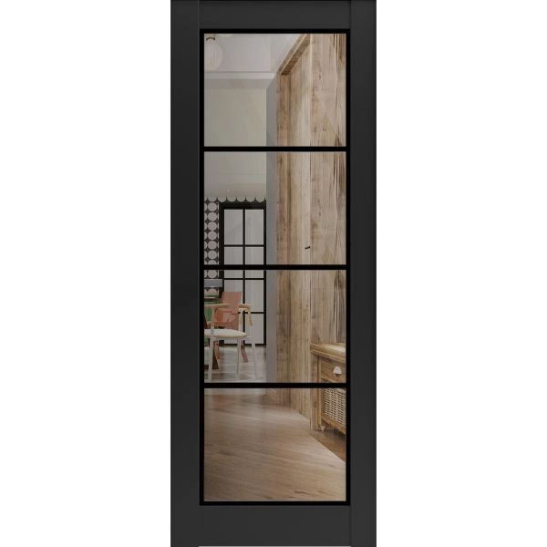 Slab Barn Door Panel Lite | Lucia 2466 Matte Black with Clear Glass and Aluminum Strips | Sturdy Finished Modern Doors | Pocket Closet Sliding