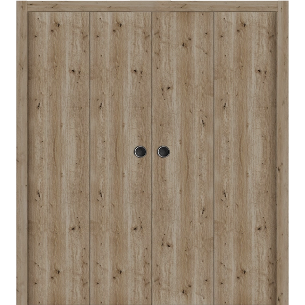 Sliding Closet Double Bi-fold Doors 72 x 80 inches | BASIC 3001 Caramel Oak | Sturdy Tracks Moldings Trims Hardware Set | Wood Solid Bedroom Wardrobe Doors