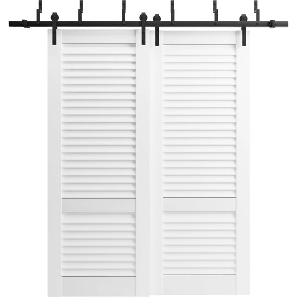 Sliding Closet Barn Bypass Doors 36 x 80 inches | Louver 3388 Primed Wh1te | 6.6ft Rails Hardware Set | Wood Solid Louvered Doors