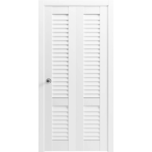 Sliding Closet Bi-fold Doors 36 x 80 inches | Louver 3388 Primed Wh1te | Tracks Trims Hardware Set | Wood Solid Louvered Doors