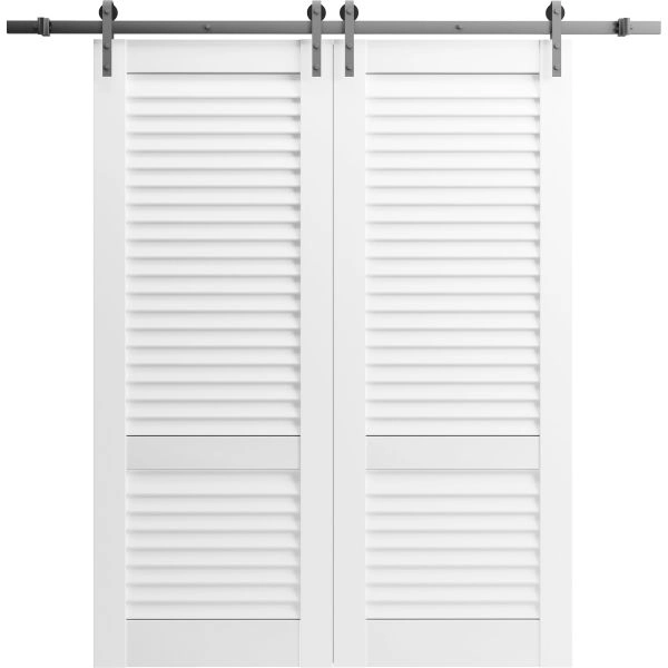 Double Barn Door 36 x 80 inches | Louver 3388 Primed Wh1te | 13FT Silver Rail Track Set | Louvered Interior Doors
