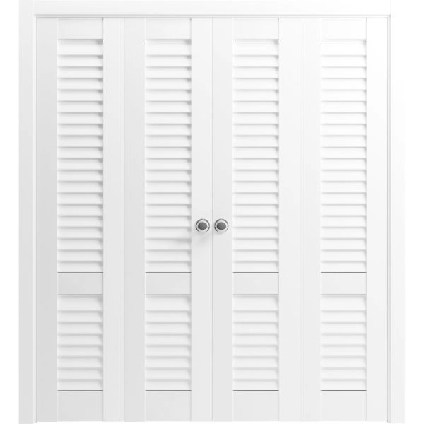 Sliding Closet Double Bi-fold Doors 72 x 80 inches | Louver 3388 Primed Wh1te | Tracks Trims Hardware Set | Wood Solid Louvered Doors