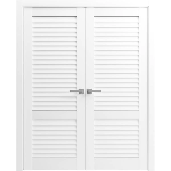 Interior Double Doors 36 x 80 inches | Louver 3388 White Silk | Wood Interior Louvered Frame | Closet Bedroom Doors