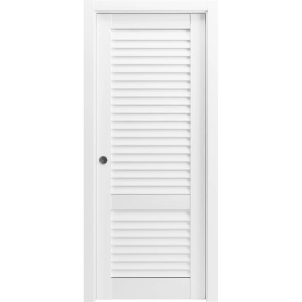 Sliding Pocket Door 18 x 84 inches | Louver 3388 Primed Wh1te | Kit Rail Hardware | Solid Wood Interior Louvered Doors