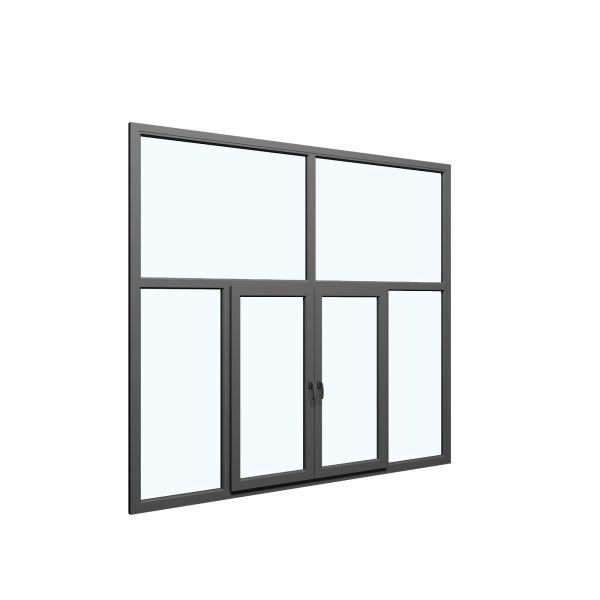 Six-Part Window PVC, Size 112 x 83, Two Center Sections Operable, Antracite Color, Black Frame Color, Transpered Glass (View from inside)