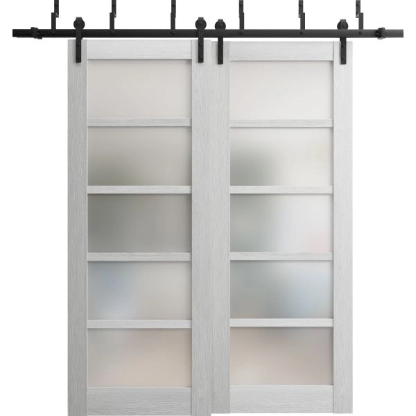 Sliding Closet Barn Bypass Doors | Quadro 4002 Light Grey Oak with Frosted Glass | Sturdy 6.6ft Rails Hardware Set | Wood Solid Bedroom Wardrobe Doors 