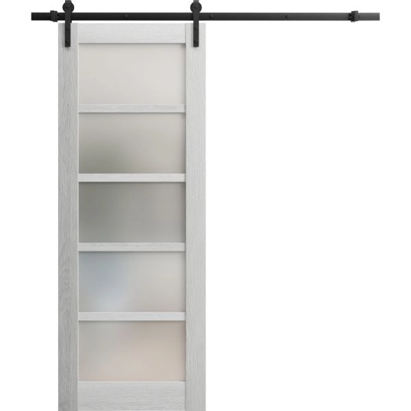 Sturdy Barn Door | Quadro 4002 Light Grey Oak with Frosted Glass | 6.6FT Rail Hangers Heavy Hardware Set | Solid Panel Interior Doors