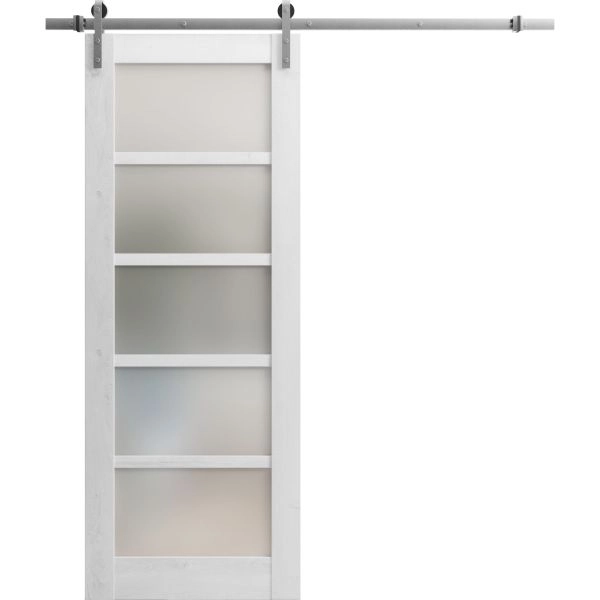 Sturdy Barn Door | Quadro 4002 Nordic White with Frosted Glass | 6.6FT Rail Hangers Heavy Hardware Set | Solid Panel Interior Doors