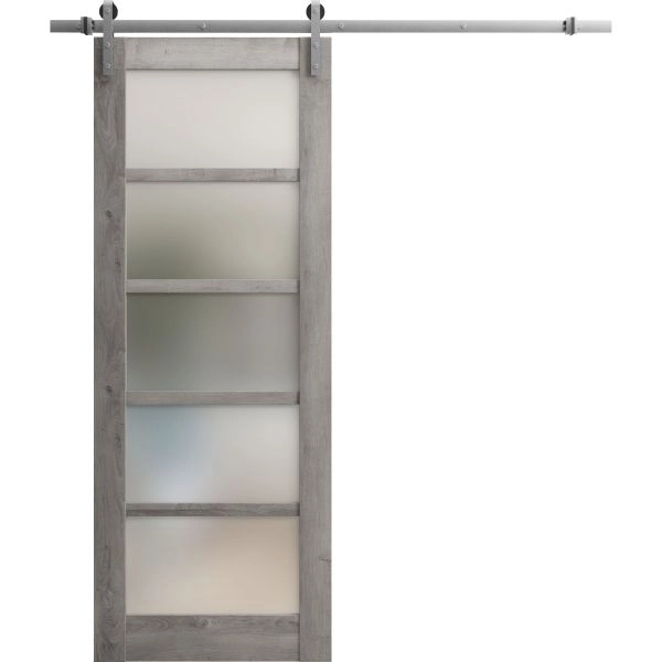 Sturdy Barn Door | Quadro 4002 Nebraska Grey with Frosted Glass | 6.6FT Rail Hangers Heavy Hardware Set | Solid Panel Interior Doors