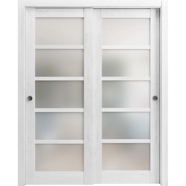 Sliding Closet Bypass Doors | Quadro 4002 Nordic White with Frosted Glass | Sturdy Rails Moldings Trims Hardware Set | Wood Solid Bedroom Wardrobe Doors