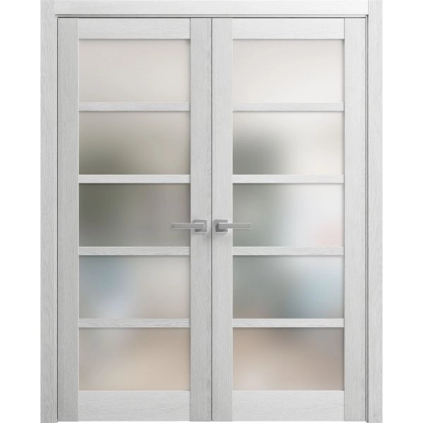 Solid French Double Doors | Quadro 4002 Light Grey Oak with Frosted Glass | Wood Solid Panel Frame Trims | Closet Bedroom Sturdy Doors 
