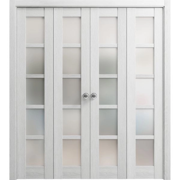 Sliding Closet Double Bi-fold Doors | Quadro 4002 Light Grey Oak with Frosted Glass | Sturdy Tracks Moldings Trims Hardware Set | Wood Solid Bedroom Wardrobe Doors 