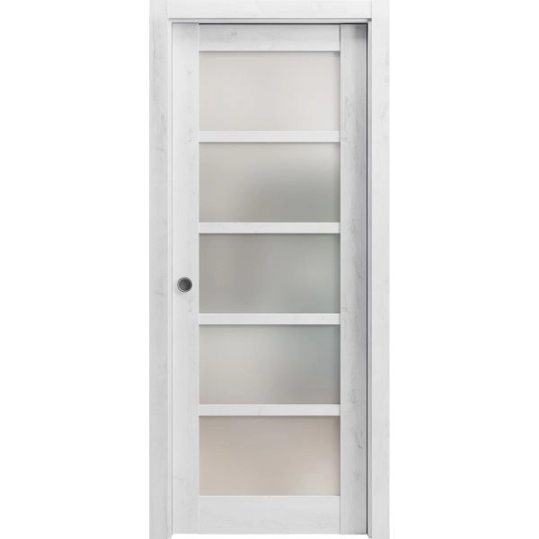 Sliding French Pocket Door | Quadro 4002 Nordic White with Frosted Glass | Kit Trims Rail Hardware | Solid Wood Interior Bedroom Sturdy Doors