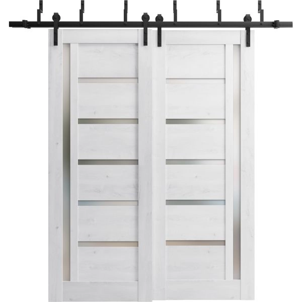 Sliding Closet Barn Bypass Doors | Quadro 4088 Nordic White with Frosted Glass | Sturdy 6.6ft Rails Hardware Set | Wood Solid Bedroom Wardrobe Doors 