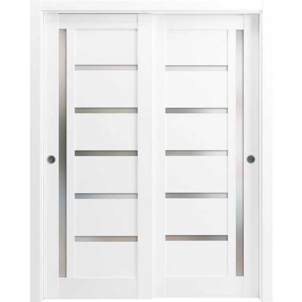 Sliding Closet Bypass Doors | Quadro 4088 White Silk with Frosted Glass | Sturdy Rails Moldings Trims Hardware Set | Wood Solid Bedroom Wardrobe Doors 
