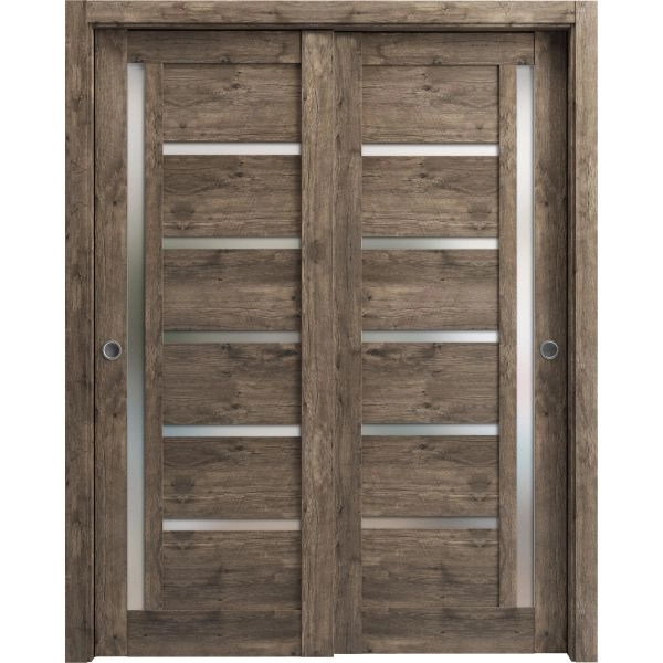 Sliding Closet Bypass Doors | Quadro 4088 Cognac Oak with Frosted Glass | Sturdy Rails Moldings Trims Hardware Set | Wood Solid Bedroom Wardrobe Doors 