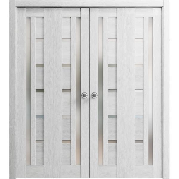 Sliding Closet Double Bi-fold Doors | Quadro 4088 Light Grey Oak with Frosted Glass | Sturdy Tracks Moldings Trims Hardware Set | Wood Solid Bedroom Wardrobe Doors 