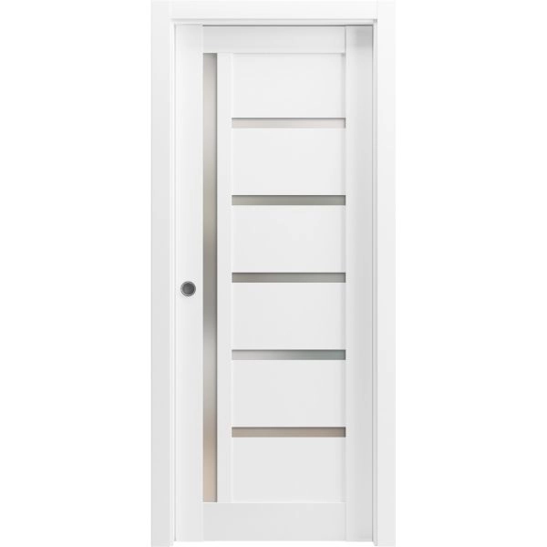 Panel Lite Pocket Door | Quadro 4088 White Silk with Frosted Glass | Kit Trims Rail Hardware | Solid Wood Interior Pantry Kitchen Bedroom Sliding Closet Sturdy Doors