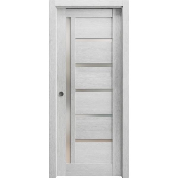 Sliding French Pocket Door | Quadro 4088 Light Grey Oak with Frosted Glass | Kit Trims Rail Hardware | Solid Wood Interior Bedroom Sturdy Doors