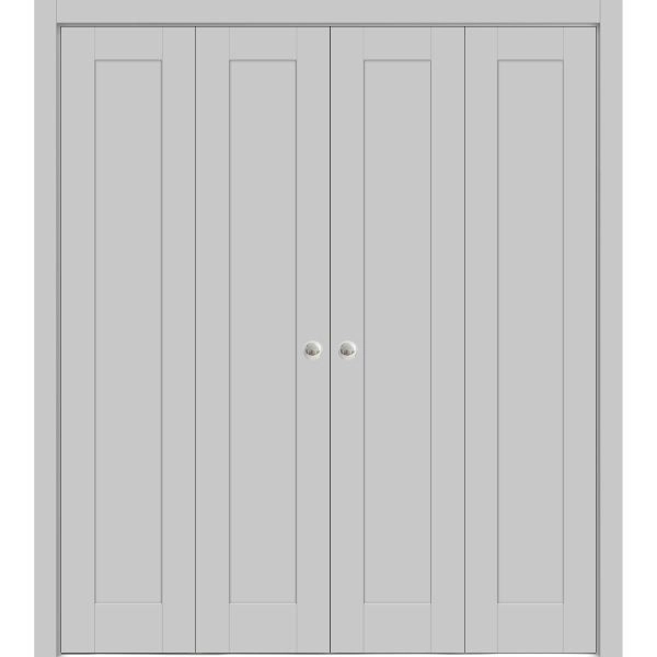 Sliding Closet Double Bi-fold Doors | Quadro 4111 Matte Grey with Glass | Sturdy Tracks Moldings Trims Hardware Set | Wood Solid Bedroom Wardrobe Doors 