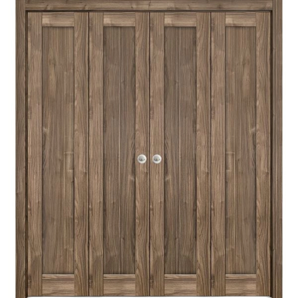 Sliding Closet Double Bi-fold Doors | Quadro 4111 Walnut | Sturdy Tracks Moldings Trims Hardware Set | Wood Solid Bedroom Wardrobe Doors 