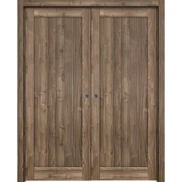 French Double Pocket Doors | Quadro 4111 Walnut | Kit Trims Rail Hardware | Solid Wood Interior Pantry Kitchen Bedroom Sliding Closet Sturdy Door