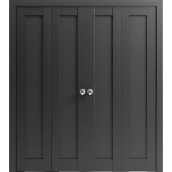 Sliding Closet Double Bi-fold Doors | Quadro 4111 Matte Black with Glass | Sturdy Tracks Moldings Trims Hardware Set | Wood Solid Bedroom Wardrobe Doors 