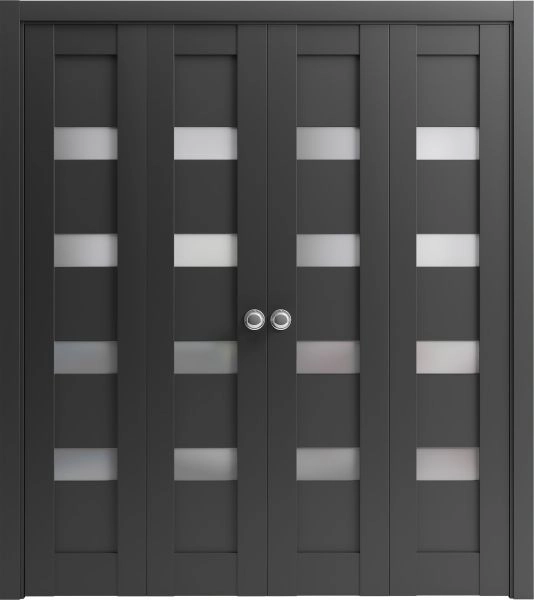 Sliding Closet Double Bi-fold Doors | Quadro 4113 Matte Black with Frosted Glass | Sturdy Tracks Moldings Trims Hardware Set | Wood Solid Bedroom Wardrobe Doors 