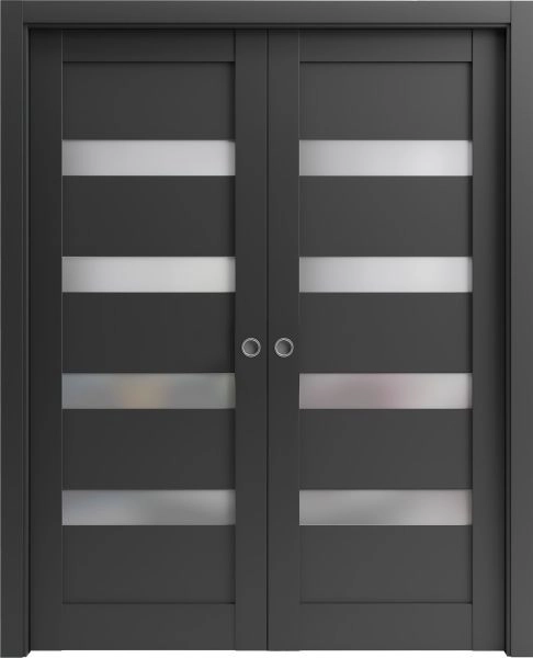 French Double Pocket Doors | Quadro 4113 Matte Black with Frosted Glass | Kit Trims Rail Hardware | Solid Wood Interior Pantry Kitchen Bedroom Sliding Closet Sturdy Door