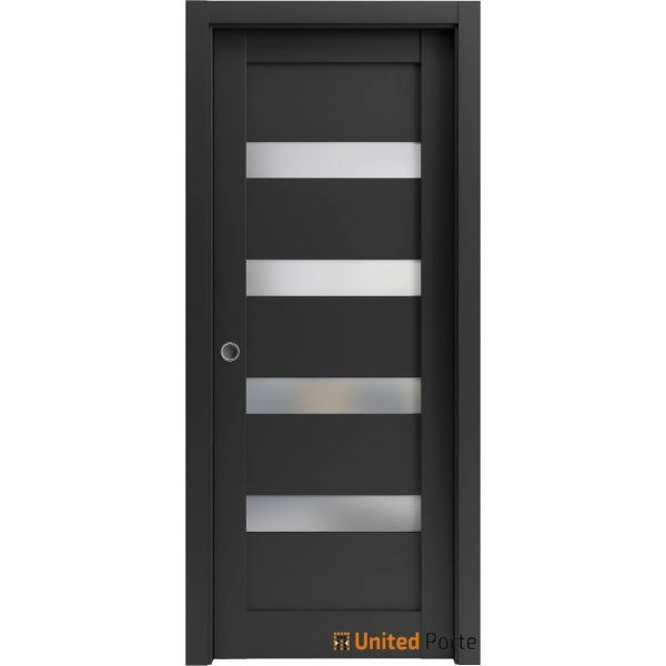 Panel Lite Pocket Door | Quadro 4113 Matte Black with Frosted Glass | Kit Trims Rail Hardware | Solid Wood Interior Pantry Kitchen Bedroom Sliding Closet Sturdy Doors