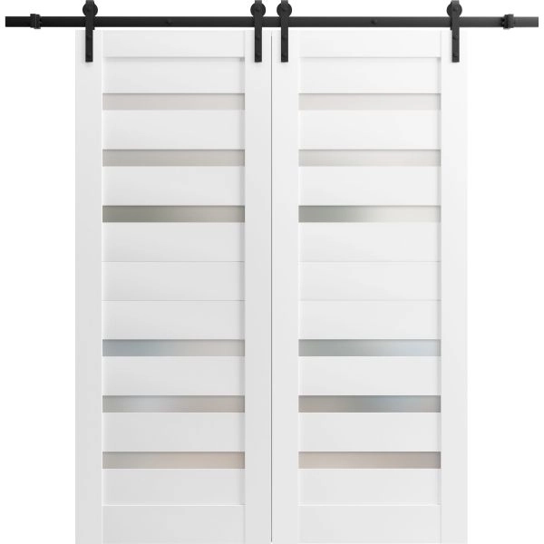Sturdy Double Barn Door | Quadro 4266 White Silk with Frosted Glass | 13FT Rail Hangers Heavy Set | Solid Panel Interior Doors