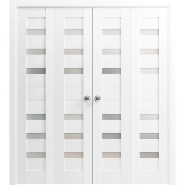 Sliding Closet Double Bi-fold Doors | Quadro 4266 White Silk with Frosted Glass | Sturdy Tracks Moldings Trims Hardware Set | Wood Solid Bedroom Wardrobe Doors 