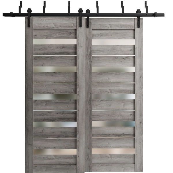 Sliding Closet Barn Bypass Doors | Quadro 4445 Nebraska Grey with Frosted Glass | Sturdy 6.6ft Rails Hardware Set | Wood Solid Bedroom Wardrobe Doors 