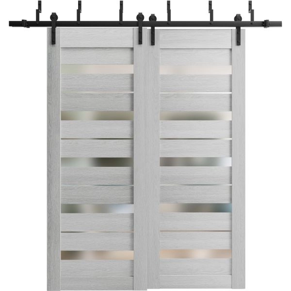 Sliding Closet Barn Bypass Doors | Quadro 4445 Light Grey Oak with Frosted Glass | Sturdy 6.6ft Rails Hardware Set | Wood Solid Bedroom Wardrobe Doors 