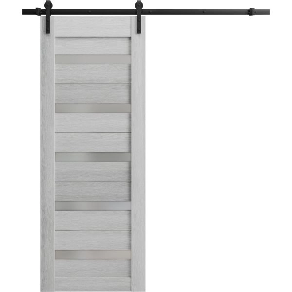 Sturdy Barn Door | Quadro 4445 Light Grey Oak with Frosted Glass | 6.6FT Rail Hangers Heavy Hardware Set | Solid Panel Interior Doors