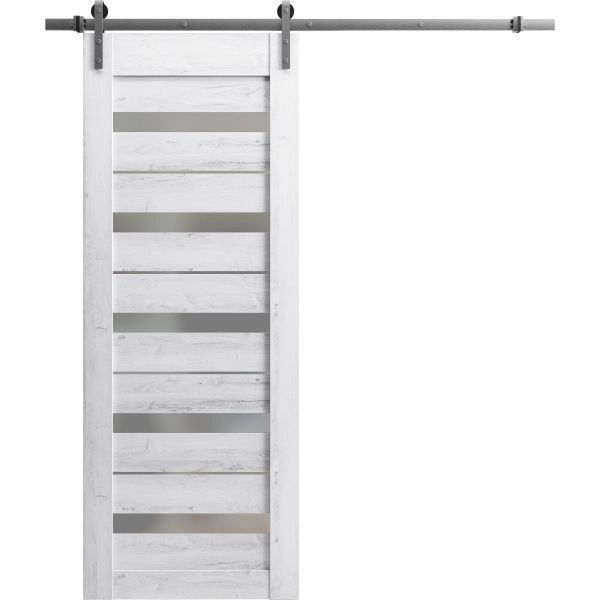 Sturdy Barn Door | Quadro 4445 Nordic White with Frosted Glass | 6.6FT Silver Rail Hangers Heavy Hardware Set | Solid Panel Interior Doors