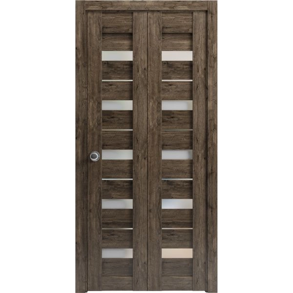 Sliding Closet Bi-fold Doors | Quadro 4445 Cognac Oak with Frosted Glass | Sturdy Tracks Moldings Trims Hardware Set | Wood Solid Bedroom Wardrobe Doors 
