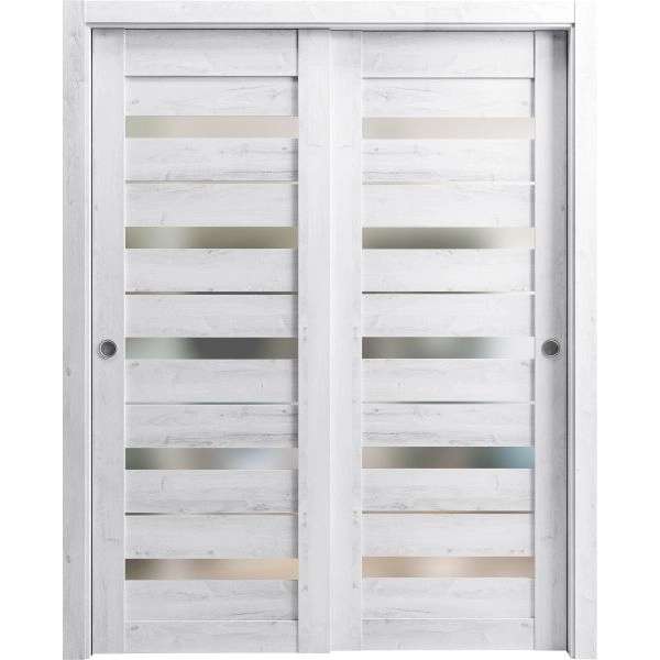 Sliding Closet Bypass Doors | Quadro 4445 Nordic White with Frosted Glass | Sturdy Rails Moldings Trims Hardware Set | Wood Solid Bedroom Wardrobe Doors 