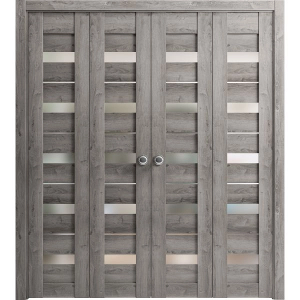 Sliding Closet Double Bi-fold Doors | Quadro 4445 Nebraska Grey with Frosted Glass | Sturdy Tracks Moldings Trims Hardware Set | Wood Solid Bedroom Wardrobe Doors 