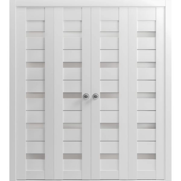 Sliding Closet Double Bi-fold Doors | Quadro 4445 White Silk with Frosted Glass | Sturdy Tracks Moldings Trims Hardware Set | Wood Solid Bedroom Wardrobe Doors 