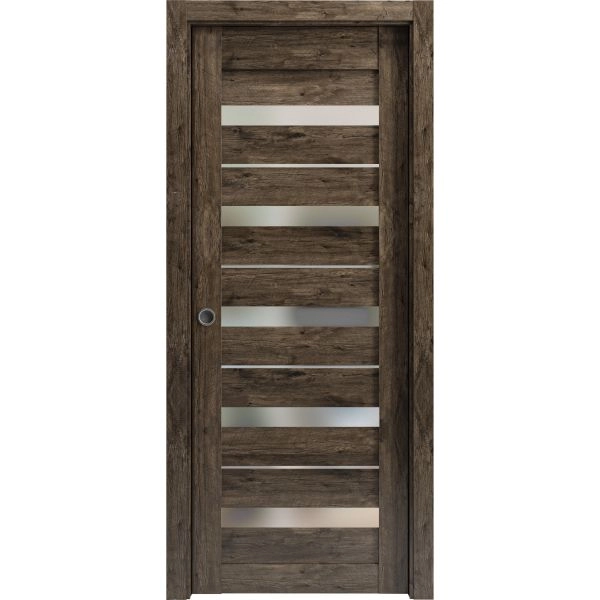 Sliding French Pocket Door | Quadro 4445 Cognac Oak with Frosted Glass | Kit Trims Rail Hardware | Solid Wood Interior Bedroom Sturdy Doors