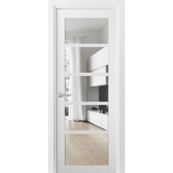 Solid Interior French | Quadro 4522 White Silk with Clear Glass | Single Regular Panel Frame Trims Handle | Bathroom Bedroom Sturdy Doors 