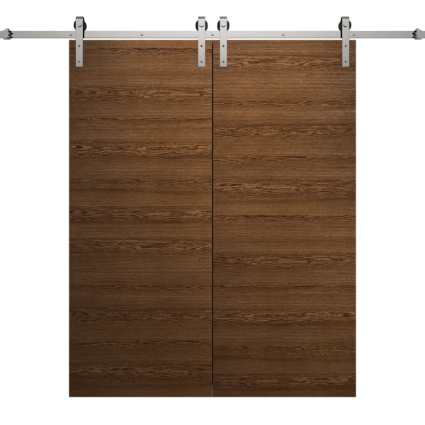 Modern Double Barn Door 36 x 80 inches | Ego 5000 Cognac Oak Veneer | 13FT Silver Rail Track Set | Solid Panel Interior Doors
