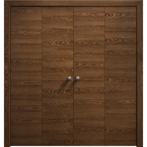 Sliding Closet Double Bi-fold Doors 72 x 80 inches | Ego 5000 Cognac Oak Veneer | Sturdy Tracks Moldings Trims Hardware Set | Wood Solid Bedroom Wardrobe Doors