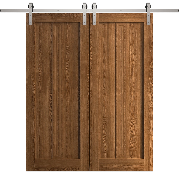 Modern Double Barn Door 36 x 80 inches | Ego 5006 Cognac Oak Veneer | 13FT Silver Rail Track Set | Solid Panel Interior Doors