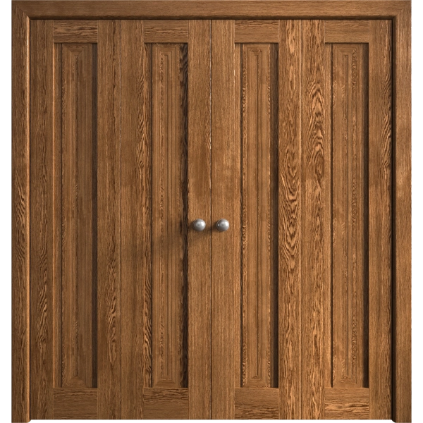 Sliding Closet Double Bi-fold Doors 72 x 80 inches | Ego 5006 Cognac Oak Veneer | Sturdy Tracks Moldings Trims Hardware Set | Wood Solid Bedroom Wardrobe Doors