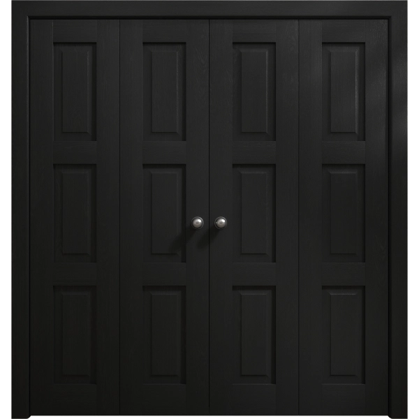 Sliding Closet Double Bi-fold Doors 72 x 80 inches | Ego 5010 Painted Black Oak | Sturdy Tracks Moldings Trims Hardware Set | Wood Solid Bedroom Wardrobe Doors